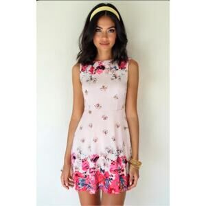 Women’s Floral Fit & Flare Dress White Pink Sleeveless Side Zip Size S